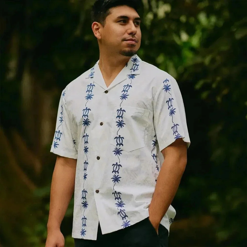 Royal Hawaiian Creations Men's Honu and Palms Aloha Shirt White Size 2XL